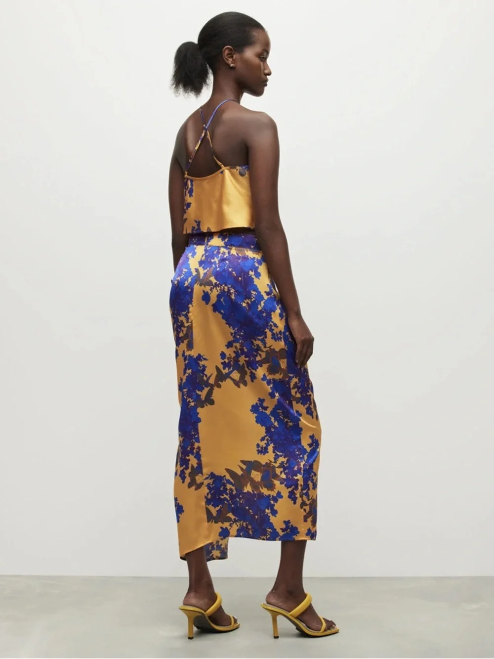 ALLSAINTS Carla Venetia Ruched Midi Skirt Gold Blue Floral Womens US 8 EUC